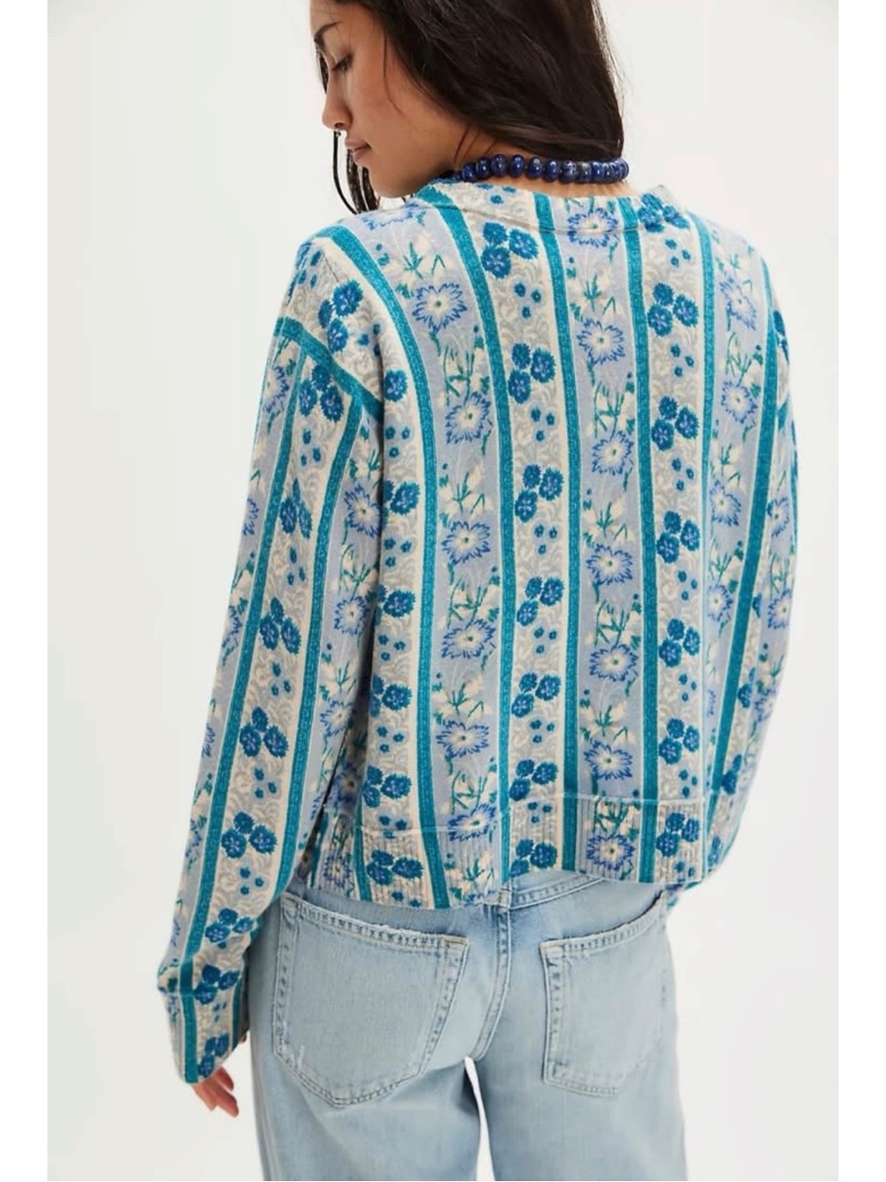 Free People Nocturnal Cashmere Cardi Cardigan Sweater Cottage Blue Floral XL - Picture 4 of 15